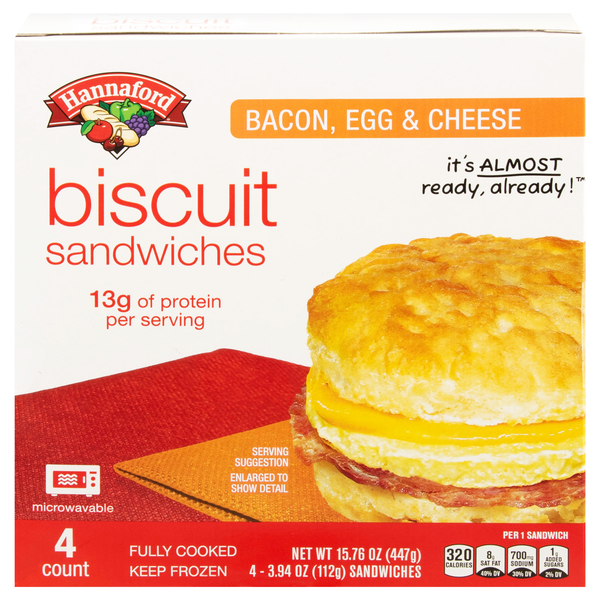 Hannaford Bacon Egg & Cheese Biscuit Breakfast Sandwiches - 4 ct