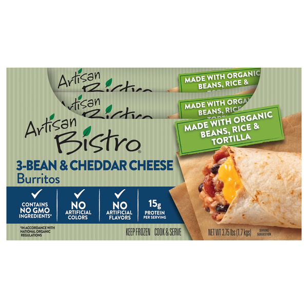 Save on Artisan Bistro Organic Burrito Three Bean & Cheddar Cheese