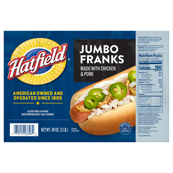 Hatfield Jumbo Chicken & Pork Franks - 24 ct