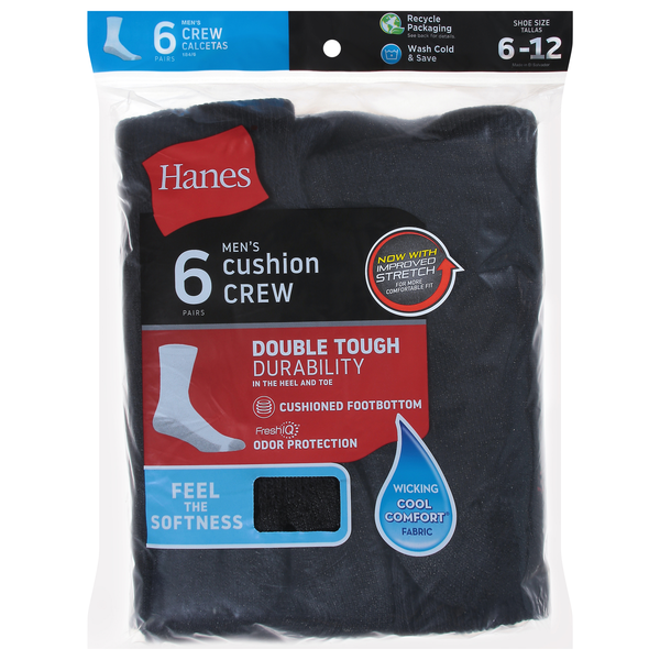 Hanes Men's Double Tough Black Cushion Crew Socks Size 6-12 Black