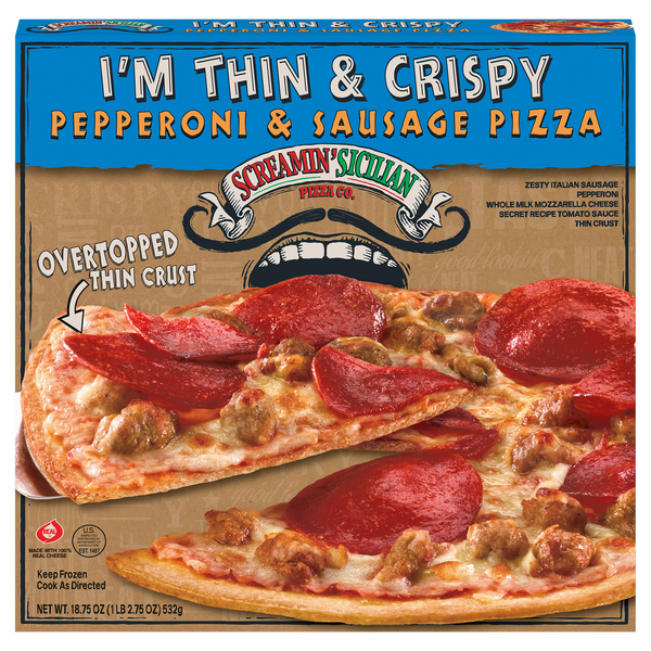 Save on Screamin' Sicilian Pizza Co. Thin & Crispy Pepperoni & Sausage