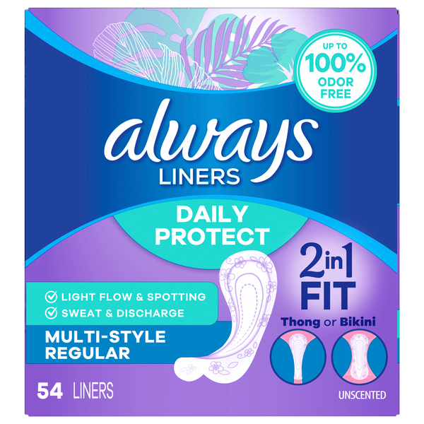 Always Daily Protect Multi-Style Regular Length Unscented Panty Liners