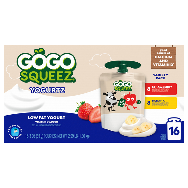 GoGo squeeZ Low Fat Strawberry & Banana Yogurtz on the Go Pouches - 16 ct