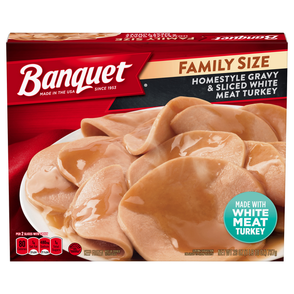 Save on Banquet Homestyle Gravy & Sliced White Turkey Meat Family Size