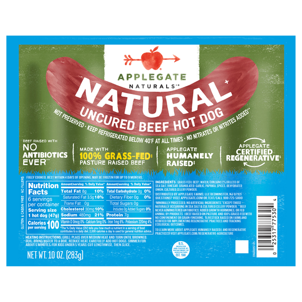 Applegate Natural Grass-fed Uncured Beef Hot Dogs - 6 ct