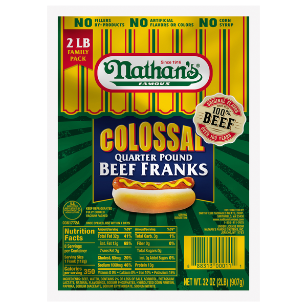 Nathan's Famous Colossal Quarter Pound Beef Franks Family Pack - 8 ct