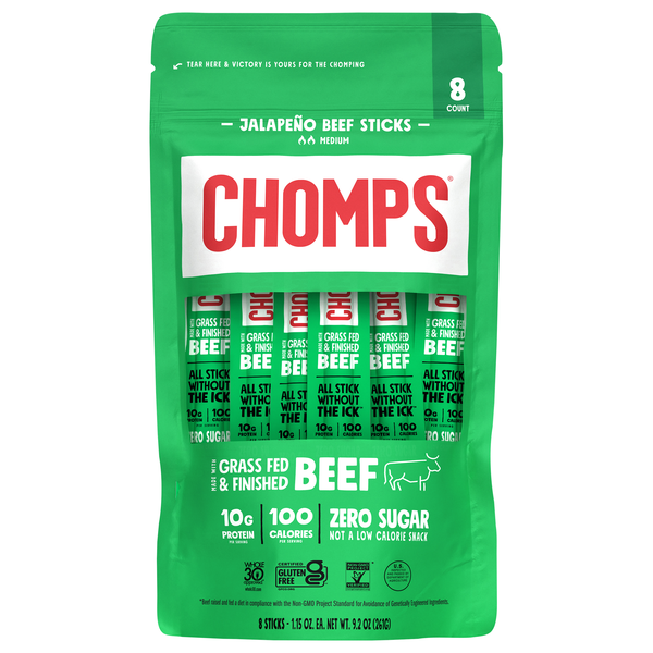 Chomps Zero Sugar Medium Jalapeno 10g Protein Grass-Fed Beef Stick - 8 ct