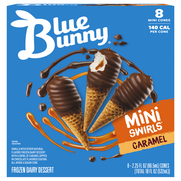 Blue Bunny Mini Swirls Cones Caramel Frozen Dairy Dessert - 8 ct