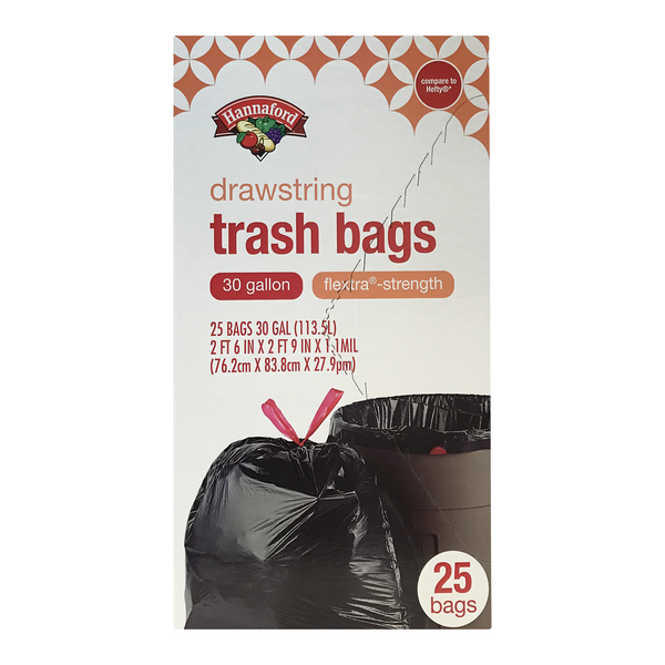 Hannaford Flextra-Strength Drawstring Trash Bags 30 Gallon