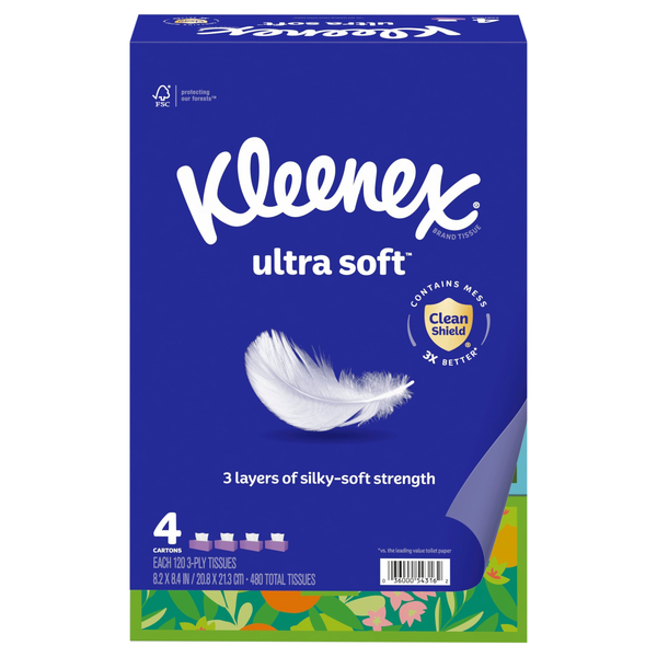 Kleenex Ultra Soft 3-Ply Facial Tissue Flat Box 120 ct ea - 4 pk