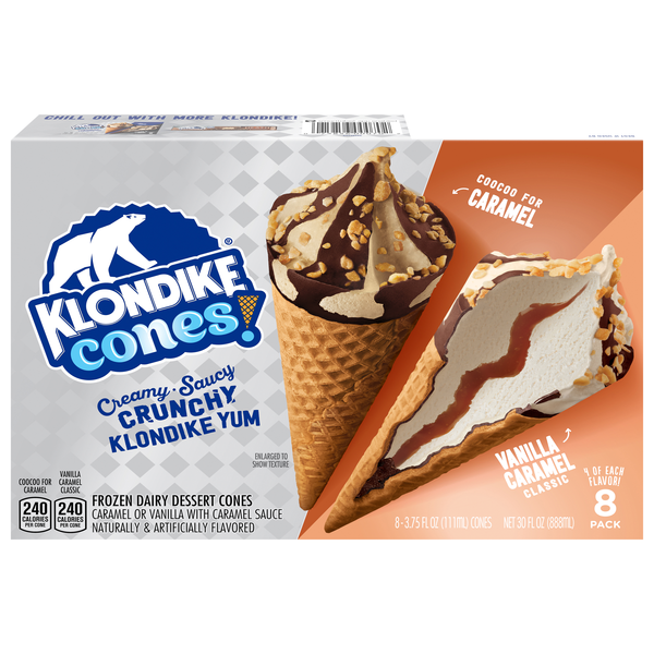 Klondike Cones! Caramel & Vanilla Caramel Frozen Dairy Dessert - 8 ct