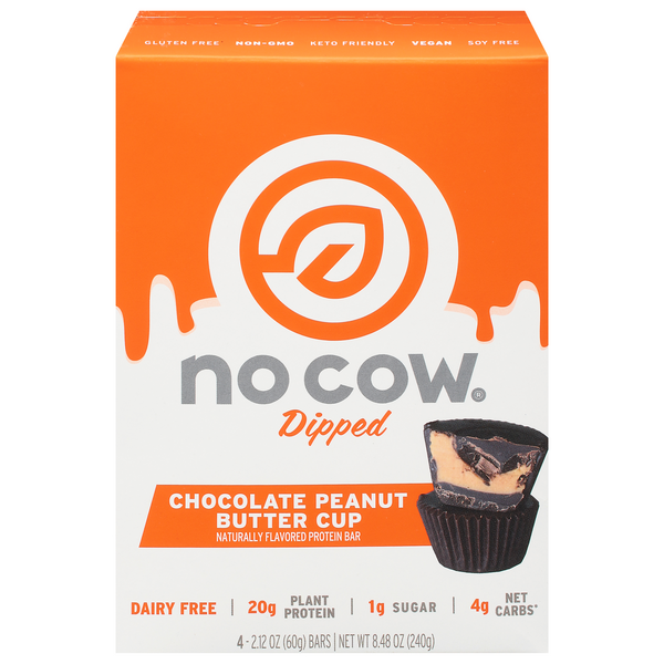 No Cow Dipped Dairy Free Choc Peanut Butter Cup 20g Plant Protein Bar 4 ct