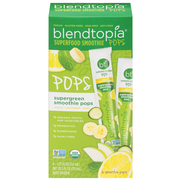 Blendtopia Organic Superfood Super Green Smoothie Pops - 6 ct
