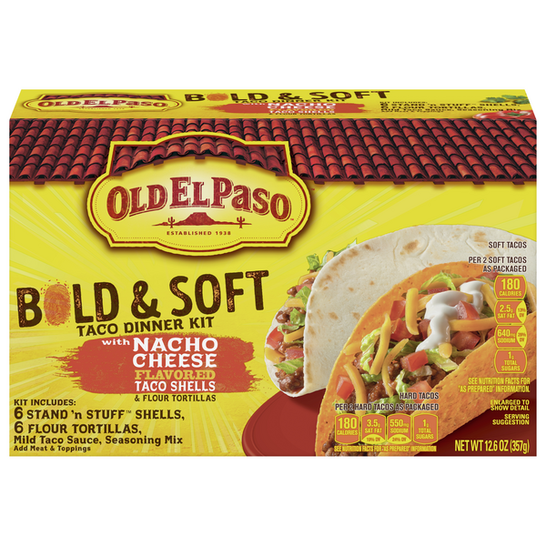 Save on Old El Paso Bold & Soft Taco Dinner Kit with Nacho Cheese 12