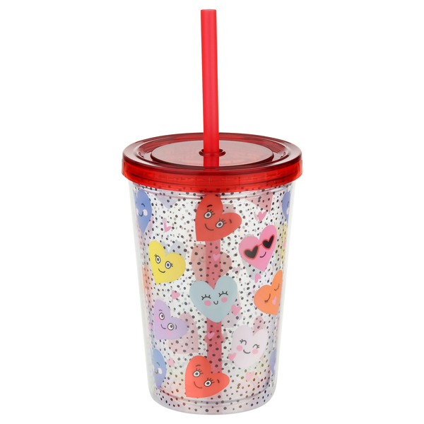 Smart Living Valentine's Day Straw Tumbler with Lid Smiley Face Hearts