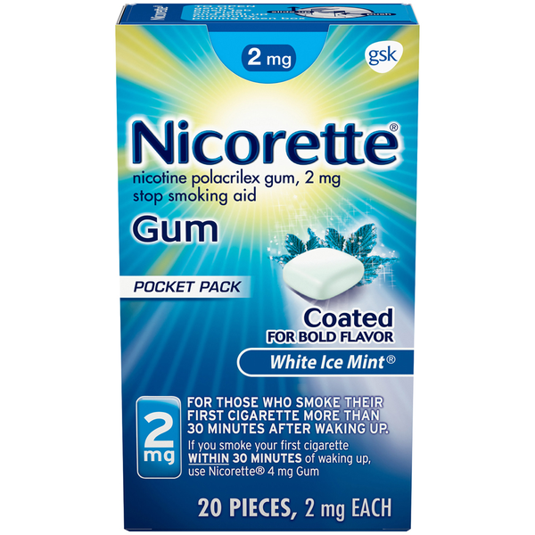 Nicorette Stop Smoking Aid Nicotine Gum 2 mg White Ice Mint