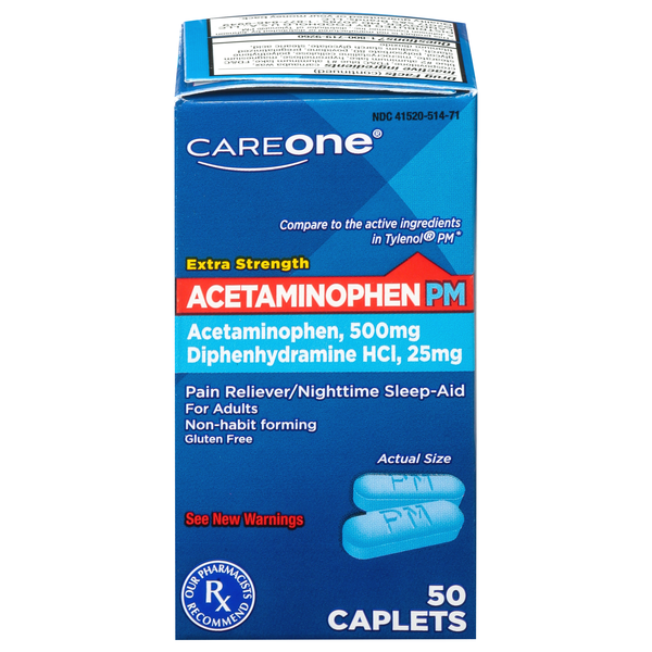 CareOne Extra Strength Acetaminophen PM Pain Relief/Sleep-Aid Caplets