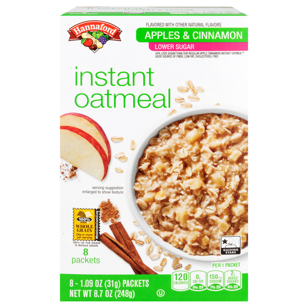 Hannaford Lower Sugar Apples & Cinnamon Instant Oatmeal - 8 ct