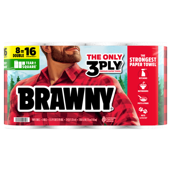 Brawny Tear-A-Square Double Rolls 3-Ply Paper Towels - 8 ct