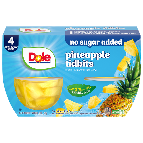 Dole No Sugar Added Pineapple Tidbits Fruit Cups with Stevia - 4 ct