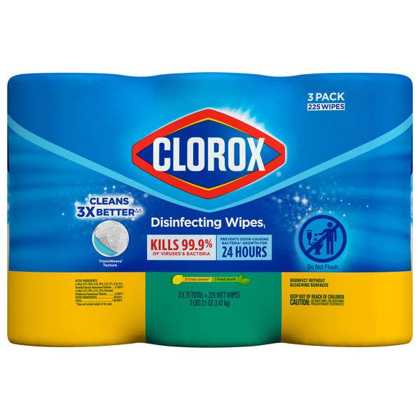 Clorox Crisp Lemon & Fresh Scent Disinfecting Wipes 75 ct ea - 3 pk