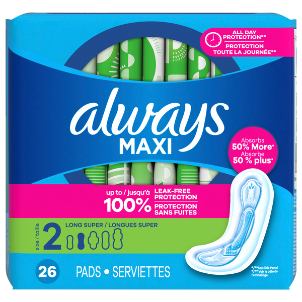 Always Maxi Size 2 Unscented Long Super Pads No Wings