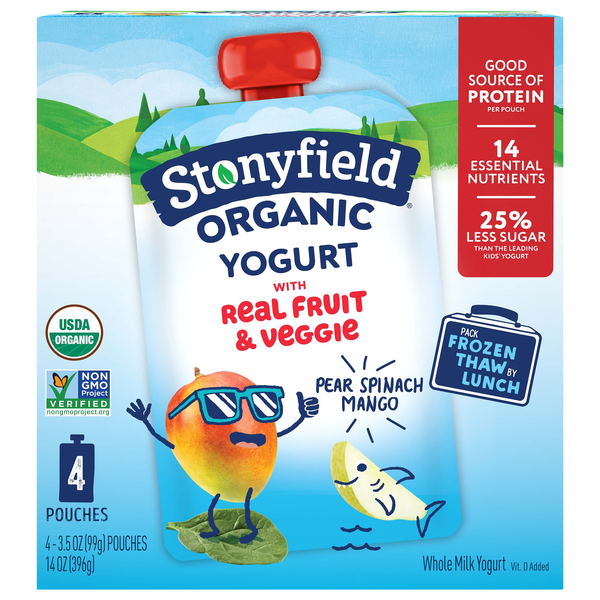 Stonyfield Organic Whole Milk Pear Spinach Mango Yogurt Pouch - 4 ct
