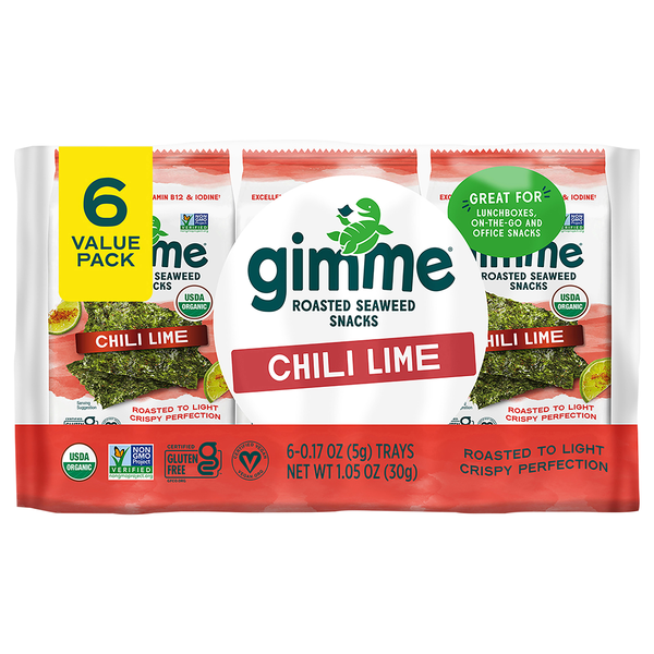 gimMe Organic Gluten Free Chili Lime Roasted Seaweed Snacks - 6 ct