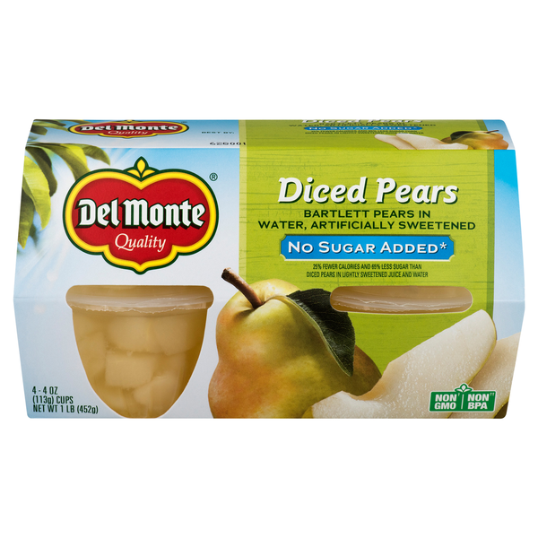 Del Monte No Sugar Added Diced Pears Fruit Cups in Sweetened Water - 4 ct