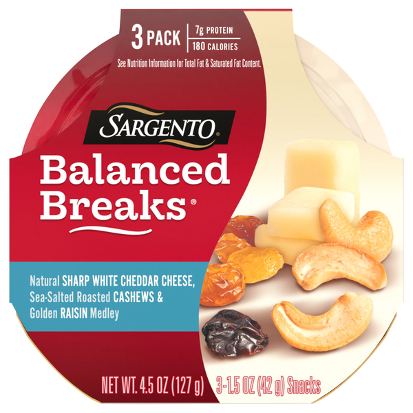 Sargento Balanced Breaks Sharp White Cheddar Cheese Cashews Raisins - 3 ct