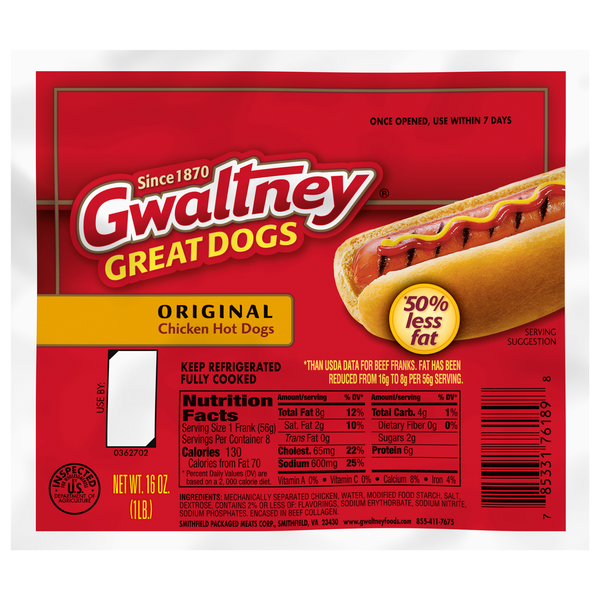 Gwaltney Great Dogs Original Chicken Hot Dogs - 8 ct