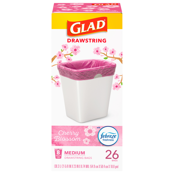 Glad Drawstring Bags Medium Cherry Blossom with Febreze Freshness 8 Gallon