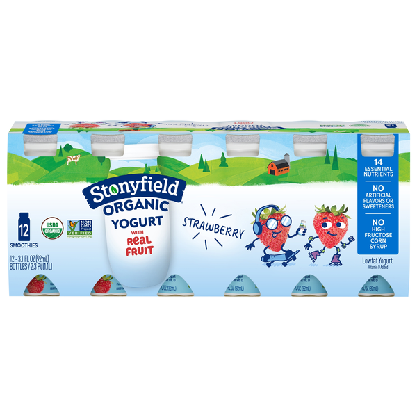 Stonyfield Organic Kids Low Fat Strawberry Yogurt Smoothies - 12 ct