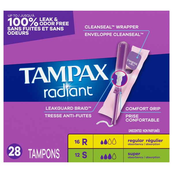 Tampax Radiant Unscented Regular & Super Tampons