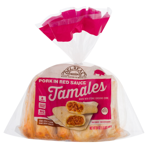 Del Real Foods Pork Tamales in Red Sauce - 6 ct