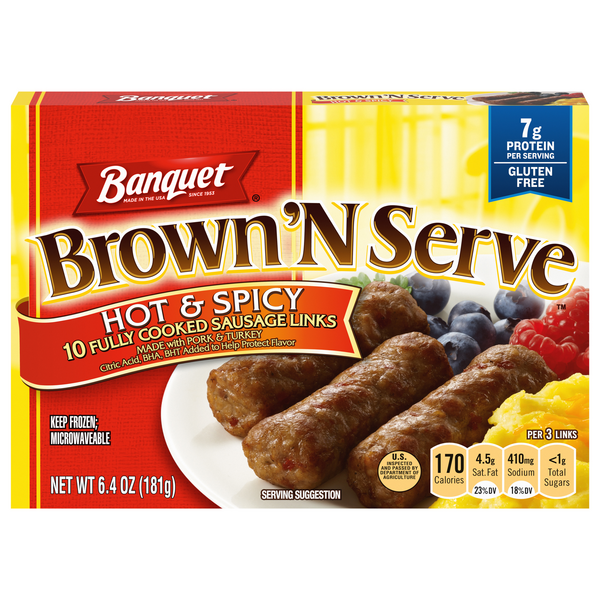 Save on Banquet Brown 'N Serve Hot & Spicy Breakfast Sausage Links 10 ct Frozen Order Online