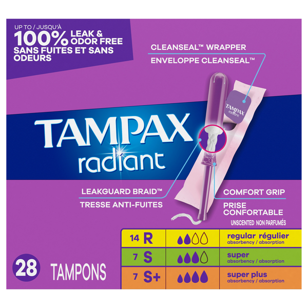 Tampax Radiant Unscented Regular-Super-Super Plus Tampons