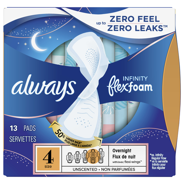 Always Infinity Size 4 Unscented Overnight Pads with Wings