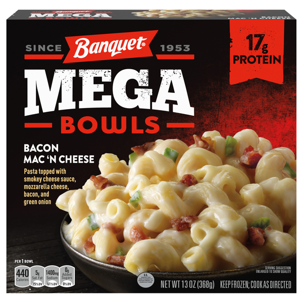 Banquet MEGA Bowls Bacon Mac 'N Cheese 17g Protein Frozen Meal
