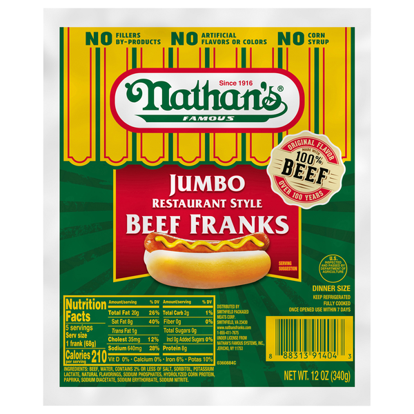 Nathan's Famous Jumbo Restaurant Style Beef Franks - 5 ct