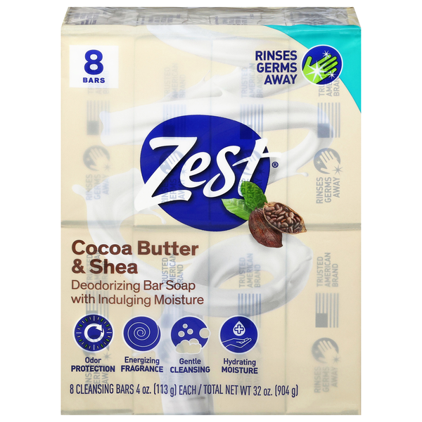 Zest Cocoa Butter & Shea Deodorizing Soap Bars - 8 ct