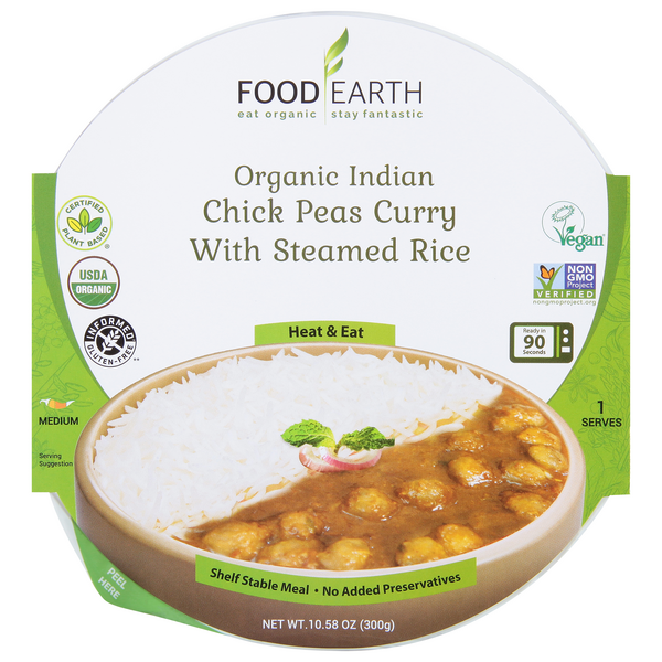 Food Earth Indian Chick Peas Curry with Steamed Rice Medium Organic