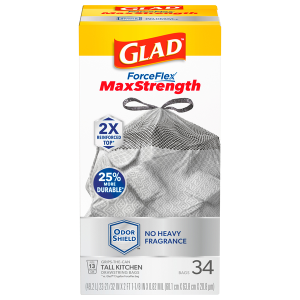 Glad ForceFlex MaxStrength Odor Shield Tall Kitchen Drawstring Bags 13 Gal