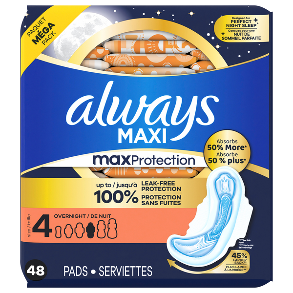 Always Maxi Size 4 Unscented Overnight Pads with Wings