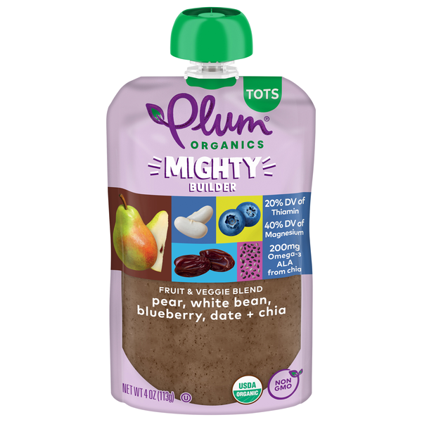 Plum Organics Tots Mighty Builder Pear White Beans Blueberry Date + Chia