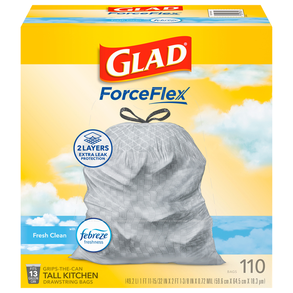 Glad ForceFlex Febreze Fresh Clean 13 Gallon Tall Kitchen Drawstring Bags