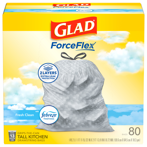 Glad ForceFlex Febreze Fresh Clean 13 Gallon Tall Kitchen Drawstring Bags