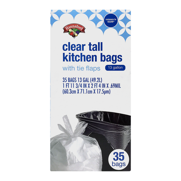 Hannaford Tall Kitchen Bags with Tie Flaps Clear 13 Gallon