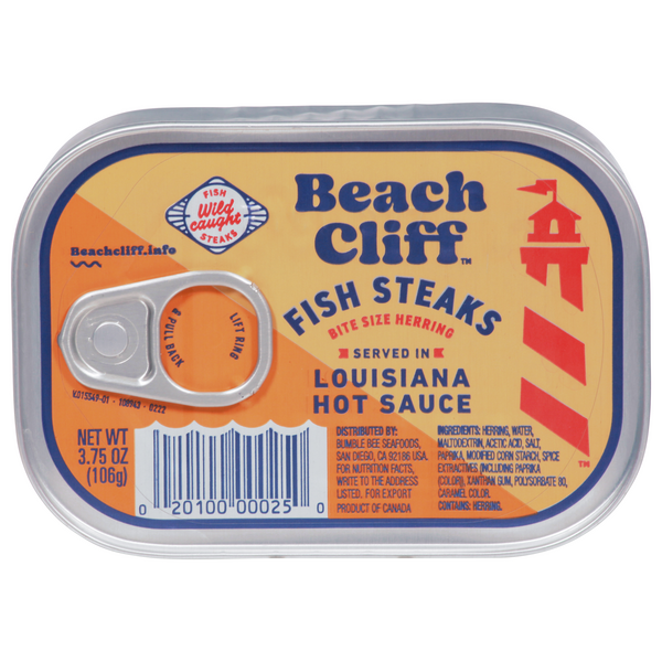 Save on Beach Cliff Herring Fish Steaks in Lousiana Hot Sauce Bite Size