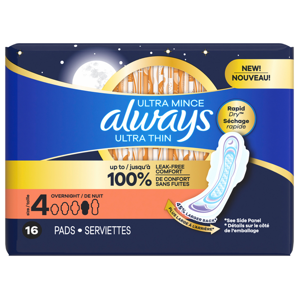 Always Ultra Thin Size 4 Unscented Overnight Pads with Wings